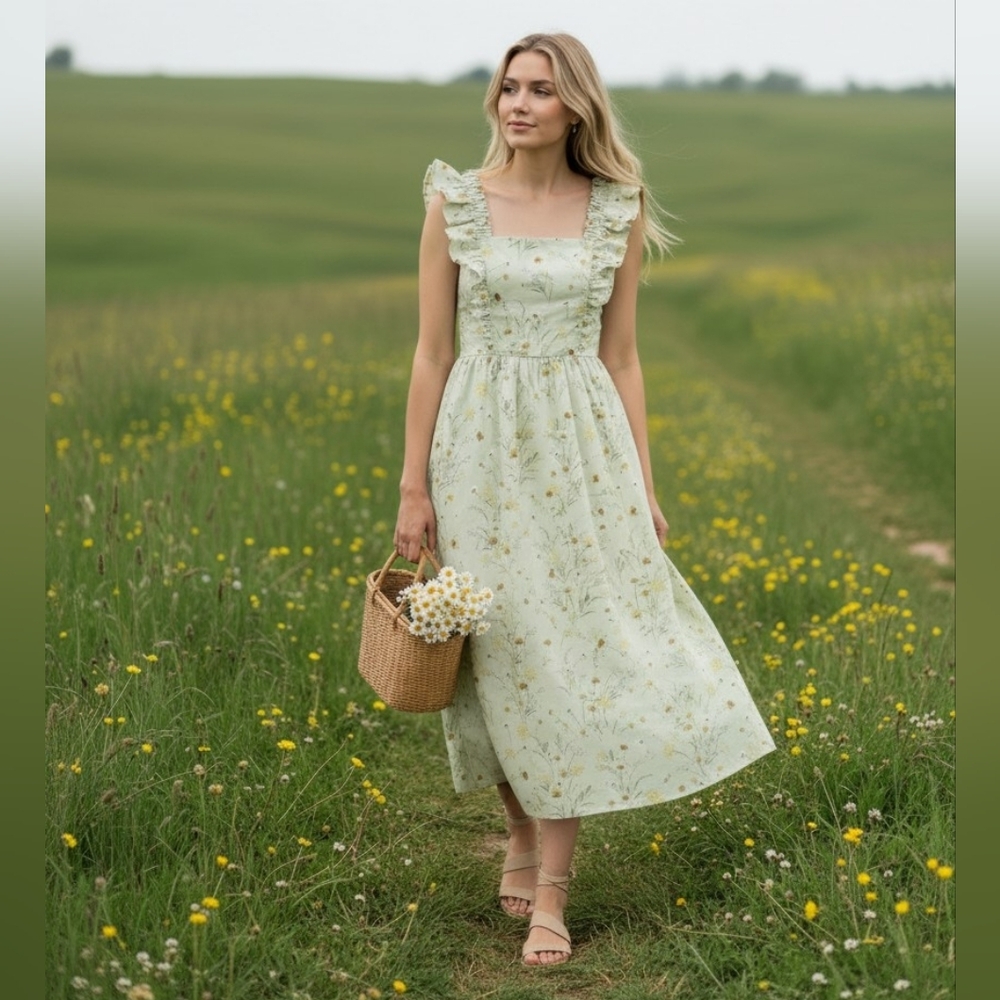 H&M Meadow Wildflowers Cottagecore Floral Dress Blogger Favorite Light Green S - Picture 2 of 16